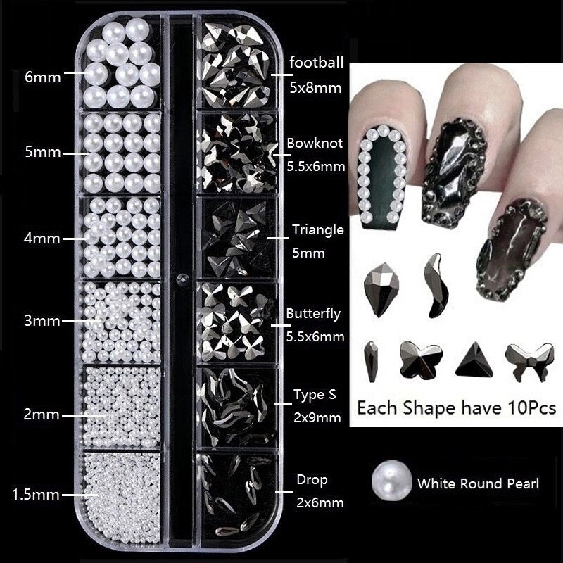 1.5-6mm Round/Half Pearl Beads 12Girds Box Luxury ABS White Heart Pearl Jewelry Nail Pearls Korean Nail Parts Japanese Nail Art,kuku