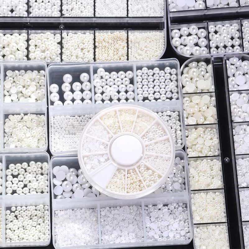 1.5-6mm Round/Half Pearl Beads 12Girds Box Luxury ABS White Heart Pearl Jewelry Nail Pearls Korean Nail Parts Japanese Nail Art,kuku