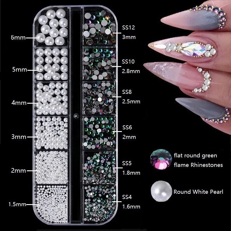 1.5-6mm Round/Half Pearl Beads 12Girds Box Luxury ABS White Heart Pearl Jewelry Nail Pearls Korean Nail Parts Japanese Nail Art,kuku