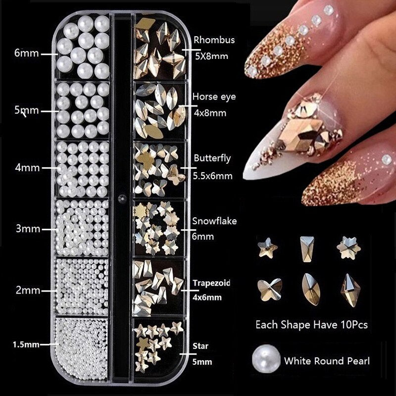 1.5-6mm Round/Half Pearl Beads 12Girds Box Luxury ABS White Heart Pearl Jewelry Nail Pearls Korean Nail Parts Japanese Nail Art,kuku