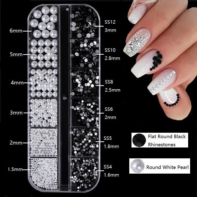 1.5-6mm Round/Half Pearl Beads 12Girds Box Luxury ABS White Heart Pearl Jewelry Nail Pearls Korean Nail Parts Japanese Nail Art,kuku