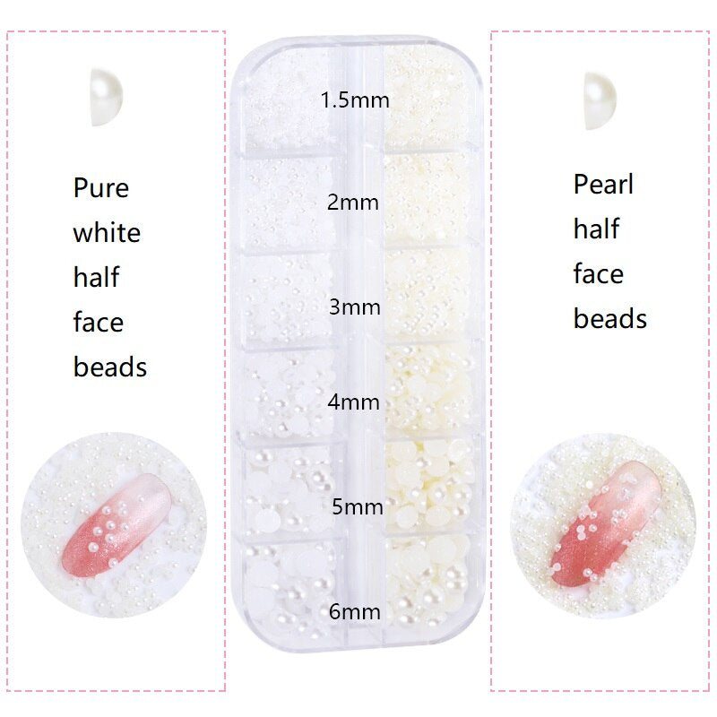 1.5-6mm Round/Half Pearl Beads 12Girds Box Luxury ABS White Heart Pearl Jewelry Nail Pearls Korean Nail Parts Japanese Nail Art,kuku