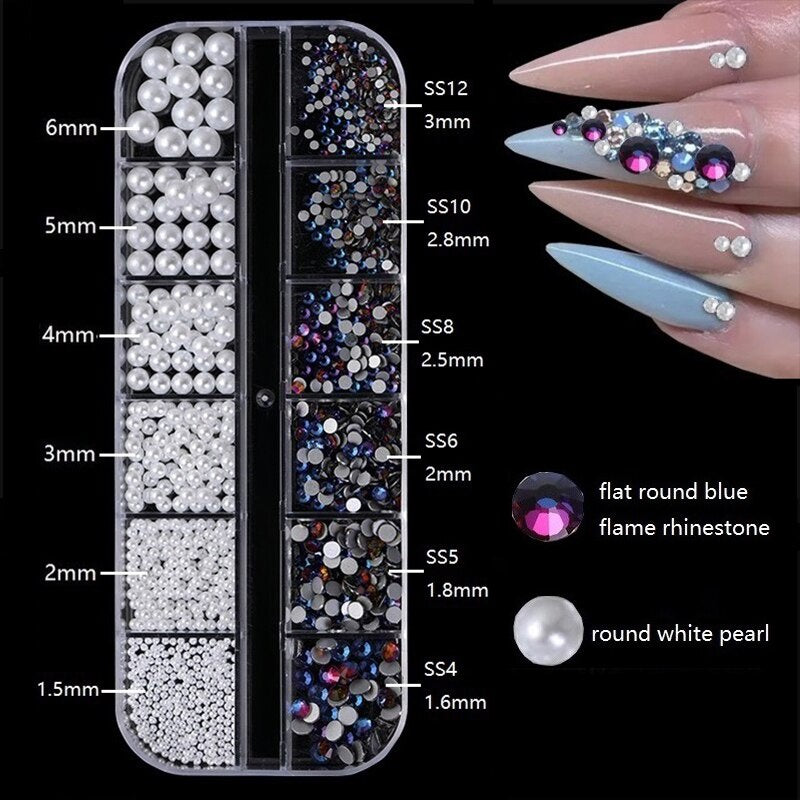 1.5-6mm Round/Half Pearl Beads 12Girds Box Luxury ABS White Heart Pearl Jewelry Nail Pearls Korean Nail Parts Japanese Nail Art,kuku