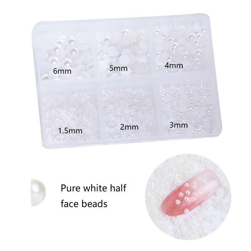 1.5-6mm Round/Half Pearl Beads 12Girds Box Luxury ABS White Heart Pearl Jewelry Nail Pearls Korean Nail Parts Japanese Nail Art,kuku