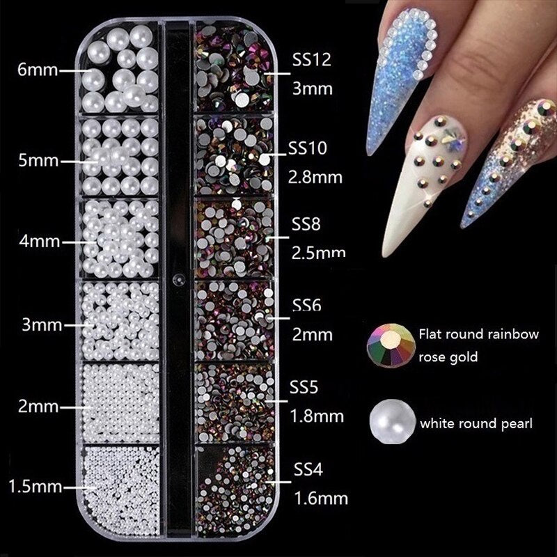 1.5-6mm Round/Half Pearl Beads 12Girds Box Luxury ABS White Heart Pearl Jewelry Nail Pearls Korean Nail Parts Japanese Nail Art,kuku