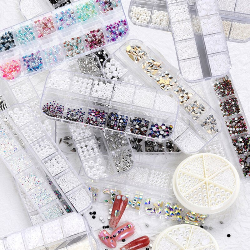 1.5-6mm Round/Half Pearl Beads 12Girds Box Luxury ABS White Heart Pearl Jewelry Nail Pearls Korean Nail Parts Japanese Nail Art,kuku
