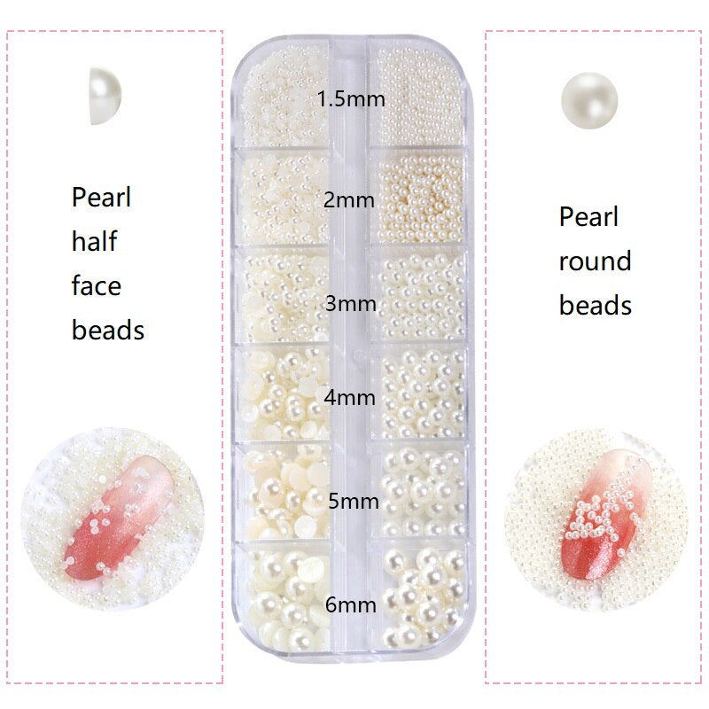 1.5-6mm Round/Half Pearl Beads 12Girds Box Luxury ABS White Heart Pearl Jewelry Nail Pearls Korean Nail Parts Japanese Nail Art,kuku