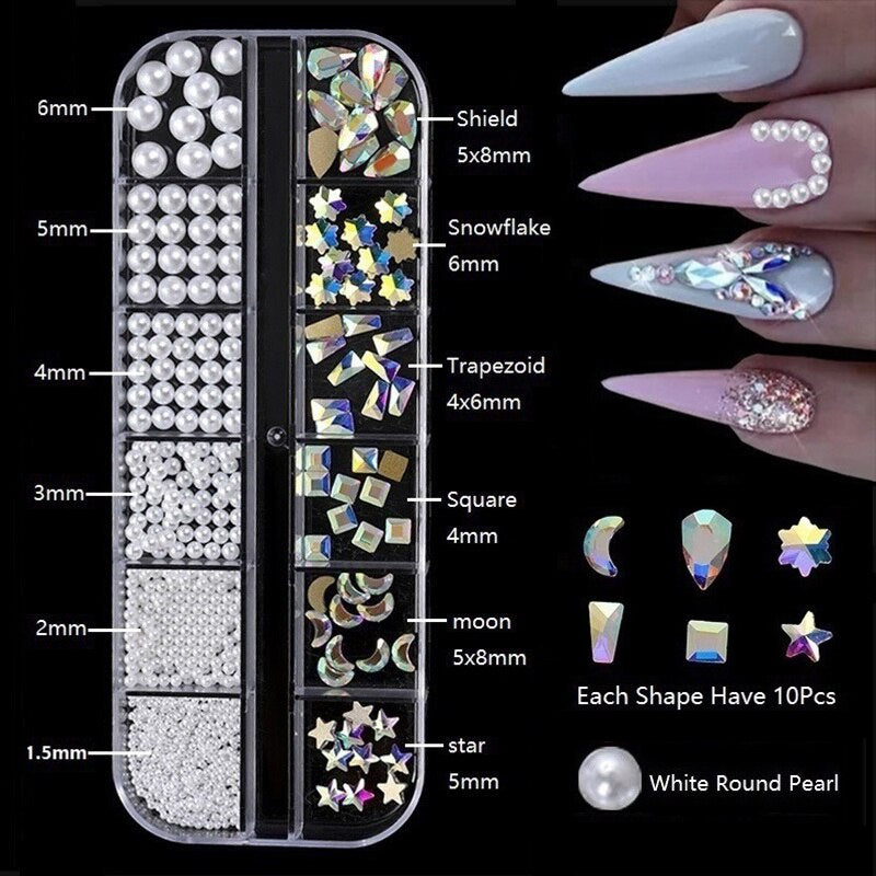1.5-6mm Round/Half Pearl Beads 12Girds Box Luxury ABS White Heart Pearl Jewelry Nail Pearls Korean Nail Parts Japanese Nail Art,kuku