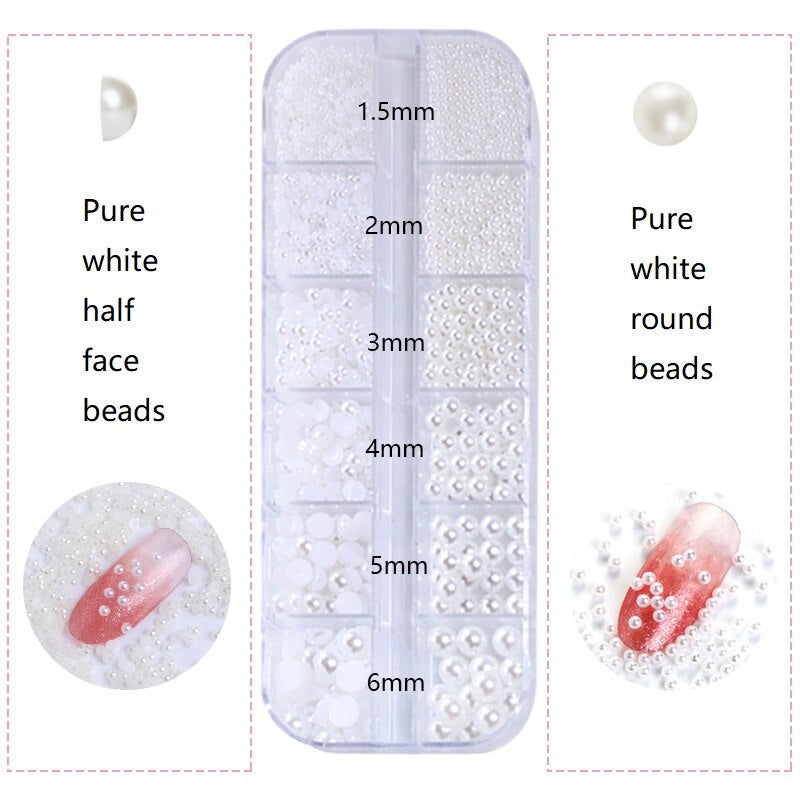 1.5-6mm Round/Half Pearl Beads 12Girds Box Luxury ABS White Heart Pearl Jewelry Nail Pearls Korean Nail Parts Japanese Nail Art,kuku