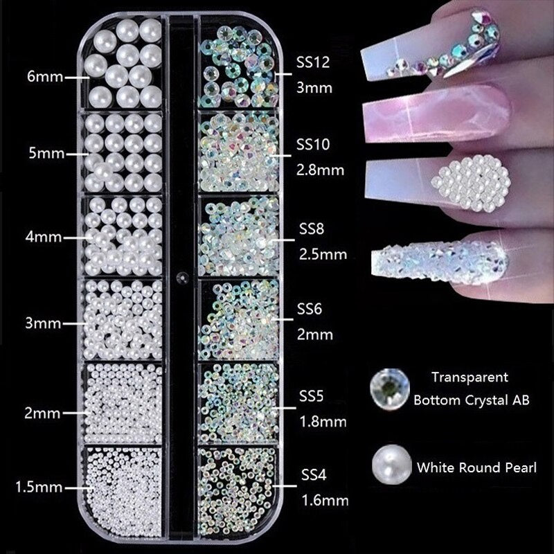 1.5-6mm Round/Half Pearl Beads 12Girds Box Luxury ABS White Heart Pearl Jewelry Nail Pearls Korean Nail Parts Japanese Nail Art,kuku