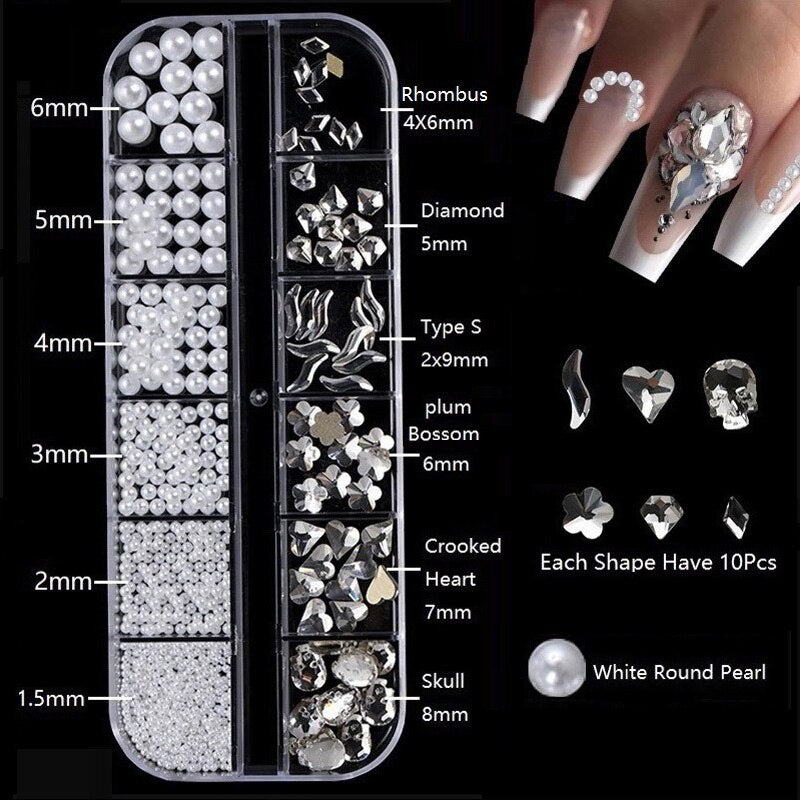1.5-6mm Round/Half Pearl Beads 12Girds Box Luxury ABS White Heart Pearl Jewelry Nail Pearls Korean Nail Parts Japanese Nail Art,kuku