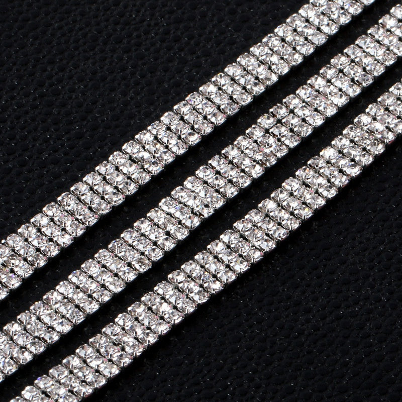 TonyBead rhinestone sticker SS6 - SS12 Crystal Rhinestones Sew On White K Copper Claw Three Row Claw Cup Chain For Garment Jewelry