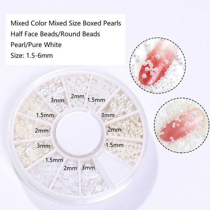 1.5-6mm Round/Half Pearl Beads 12Girds Box Luxury ABS White Heart Pearl Jewelry Nail Pearls Korean Nail Parts Japanese Nail Art,kuku
