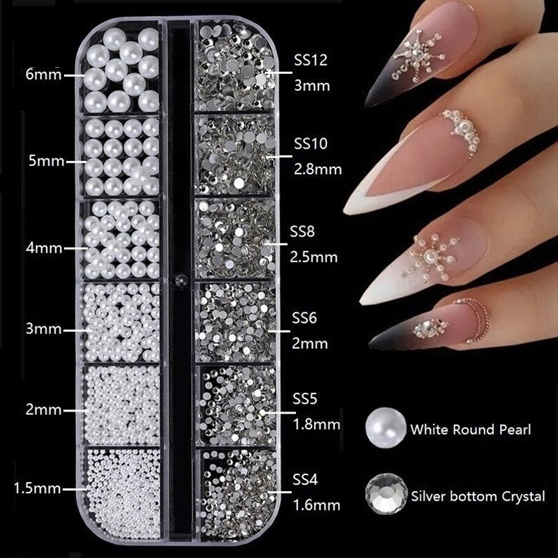 1.5-6mm Round/Half Pearl Beads 12Girds Box Luxury ABS White Heart Pearl Jewelry Nail Pearls Korean Nail Parts Japanese Nail Art,kuku