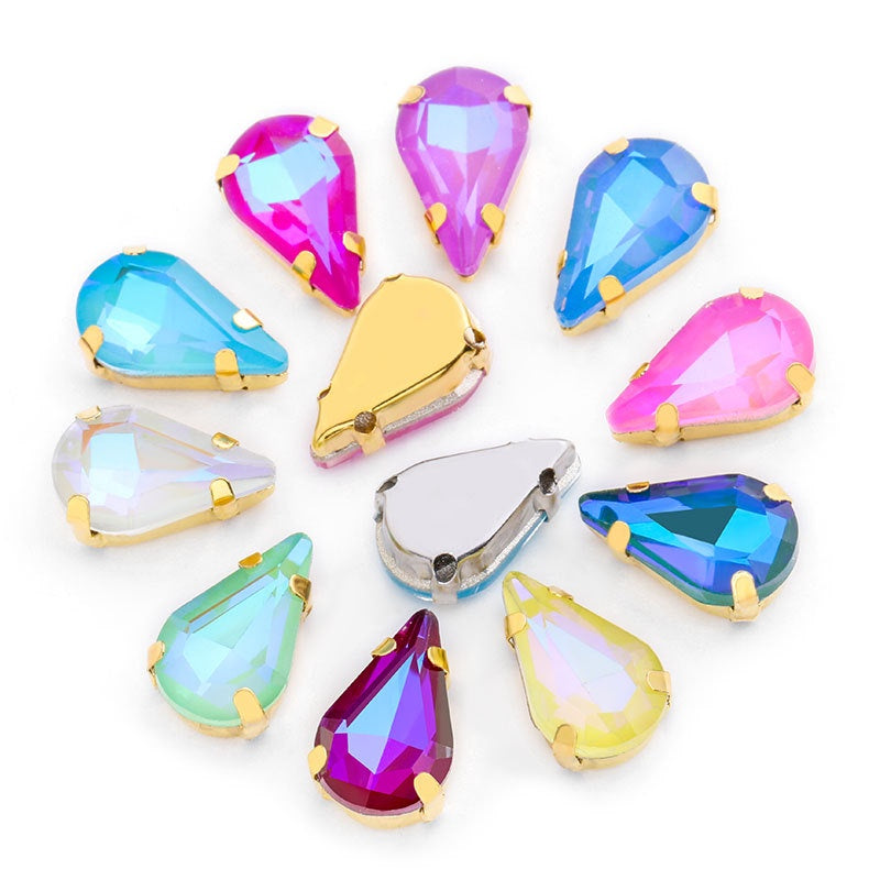 TonyBead 10pcs Drop Shape Mocha Aurora Series K9 Crystal Sew on Stones for Garment Shoes Bag Decoration
