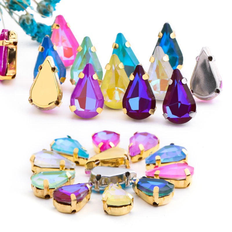 TonyBead 10pcs Drop Shape Mocha Aurora Series K9 Crystal Sew on Stones for Garment Shoes Bag Decoration