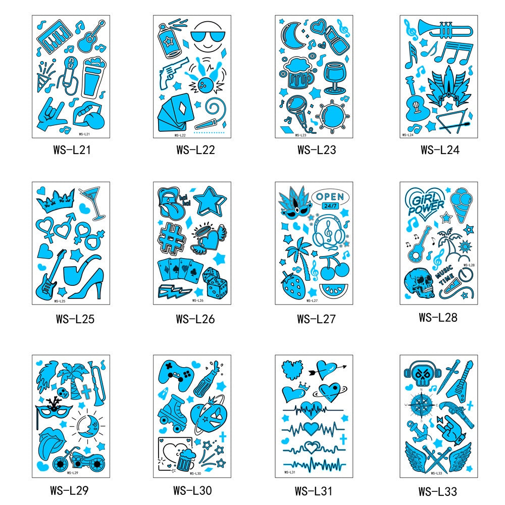 【Ready stock】kawaii Sexy tattoo stickers, fashion trends, nightclubs, bars, music festivals, carnival parties, tattoo stickers, fluorescent notes, luminous cool face stickers