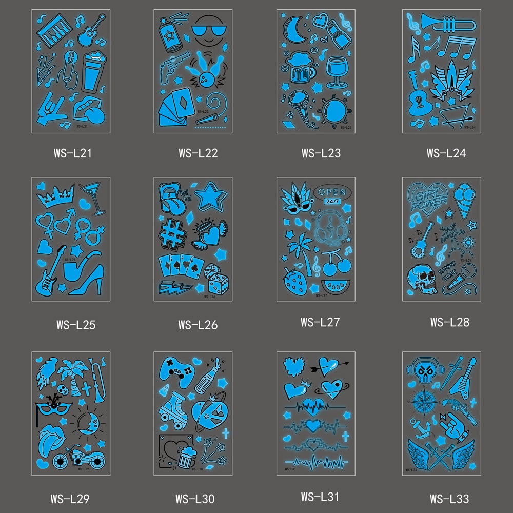【Ready stock】kawaii Sexy tattoo stickers, fashion trends, nightclubs, bars, music festivals, carnival parties, tattoo stickers, fluorescent notes, luminous cool face stickers