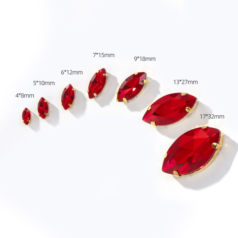 20pcs Leaf Shape Glass Rhinestones with Gold Bottom Horse Eye Claw Rhinestone Quadangle Glass Claw Hand Sewn Crystal Diy Clothing Shoes Bag Accessories 9*18mm