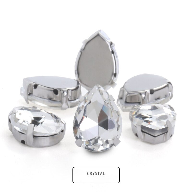 Drop Shape Glass Rhinestones With Claw White K Metal Base Buckle Sew On Crystal Stone Strass Diamond Rhinestones For Needlework