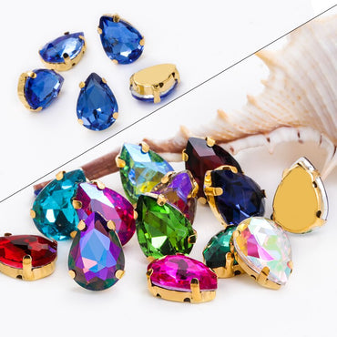 Yichuan Drop Rhinestone Sew-on Glass Golden Base Stones Crystal For Decoration and Crafts Clothes Sewn Rhinestones For Needlework
