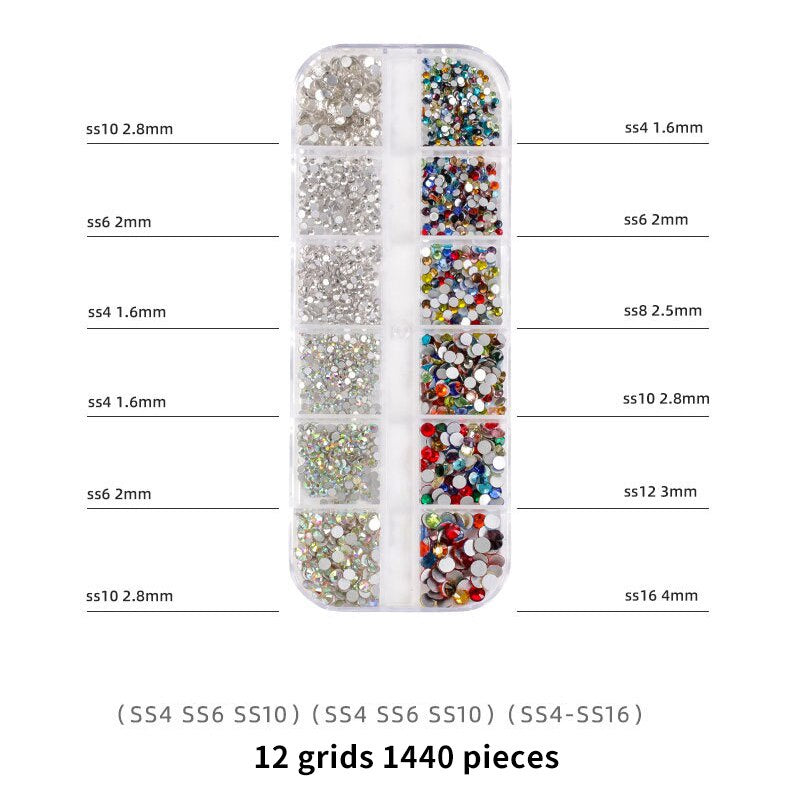 1440pcs 12 Grid Set Mixed Color Flat Nail Diamond AB Color Glass Crystal Phone Case DIY Accessories