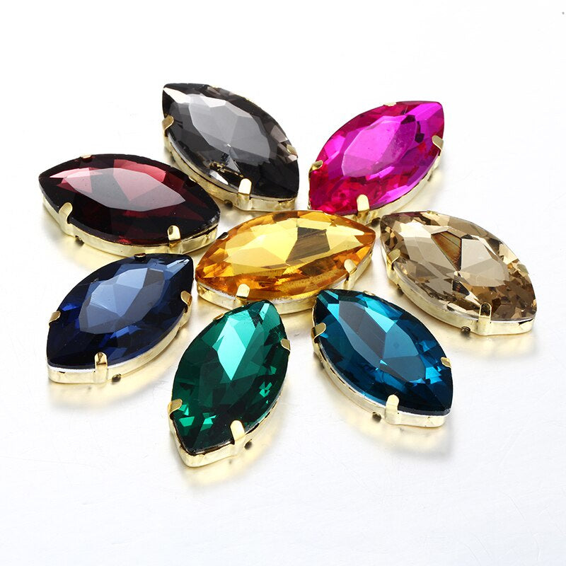 20pcs Leaf Shape Glass Rhinestones with Gold Bottom Horse Eye Claw Rhinestone Quadangle Glass Claw Hand Sewn Crystal Diy Clothing Shoes Bag Accessories 4*15mm/7*15mm