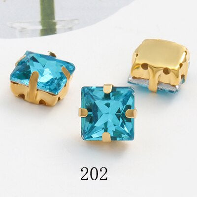 8/10mm 50PCS Square Shape Glass Rhinestones with Golden Claw Sew on Crystal Stone for Clothes Decoration Dress