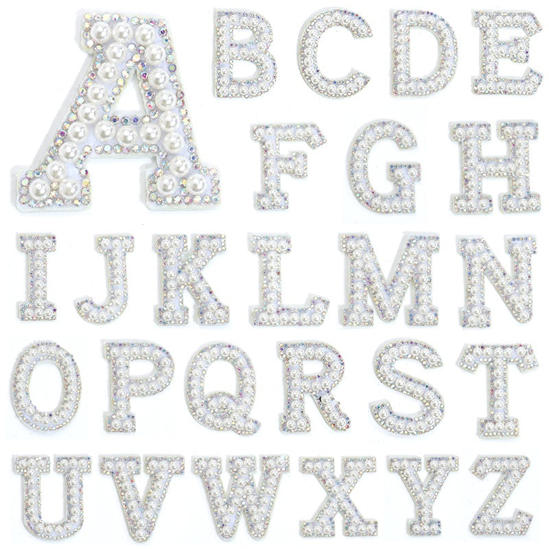 TonyBead 26 English Alphabet A-Z Pearl Letter Patches Rhinestone Patch Sewing On Patches Stripe Badge DIY Name