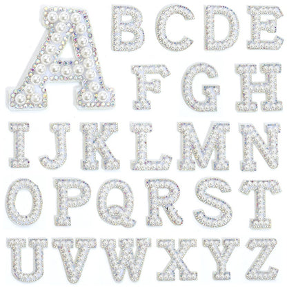 TonyBead 26 English Alphabet A-Z Pearl Letter Patches Rhinestone Patch Sewing On Patches Stripe Badge DIY Name