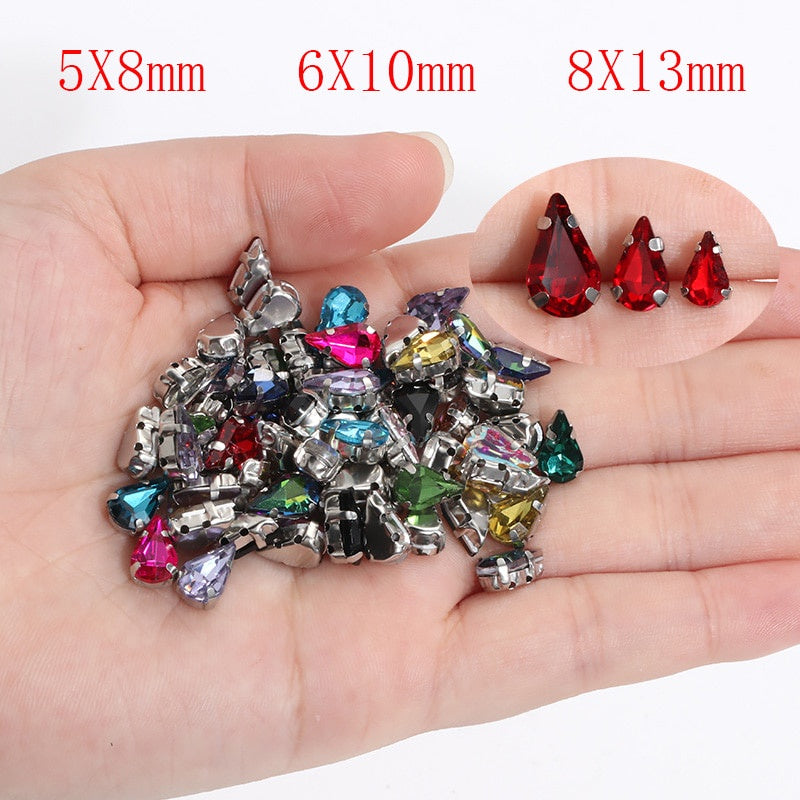 20pcs 5x8mm 6x10mm Drop Crystal Stone With silver bottom Rhinestone for Sewing on Clothes Sewn on Rhinestone for Needlework