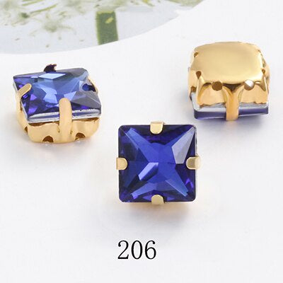 8/10mm 50PCS Square Shape Glass Rhinestones with Golden Claw Sew on Crystal Stone for Clothes Decoration Dress