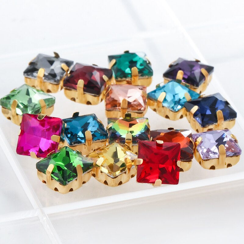 8/10mm 50PCS Square Shape Glass Rhinestones with Golden Claw Sew on Crystal Stone for Clothes Decoration Dress