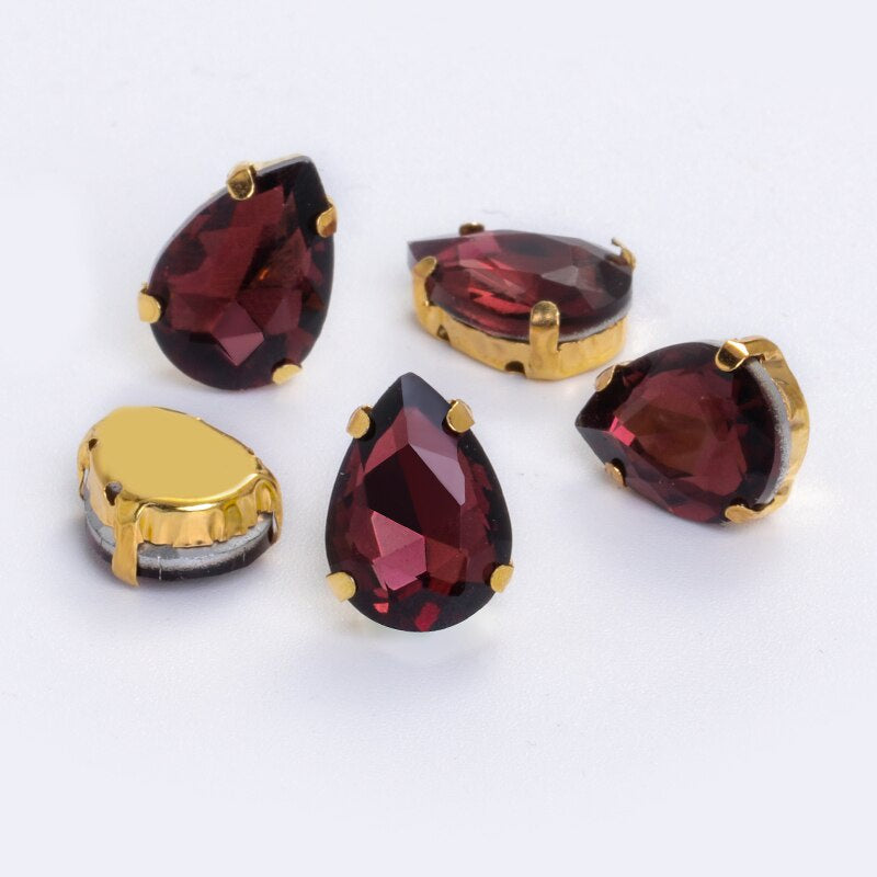 Yichuan Drop Rhinestone Sew-on Glass Golden Base Stones Crystal For Decoration and Crafts Clothes Sewn Rhinestones For Needlework