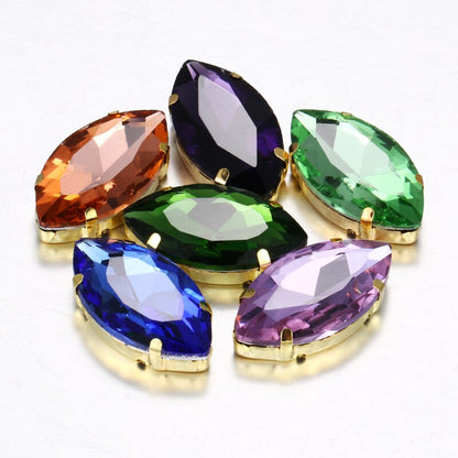 20pcs Leaf Shape Glass Rhinestones with Gold Bottom Horse Eye Claw Rhinestone Quadangle Glass Claw Hand Sewn Crystal Diy Clothing Shoes Bag Accessories 9*18mm