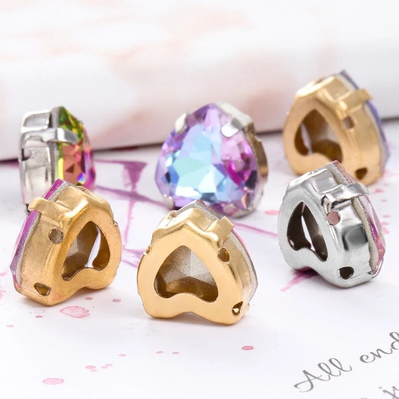 Heart Shape Glass Pointback K9 Crystal with Gold Bottom Sew on Rhinestone DIY Clothing Decoration