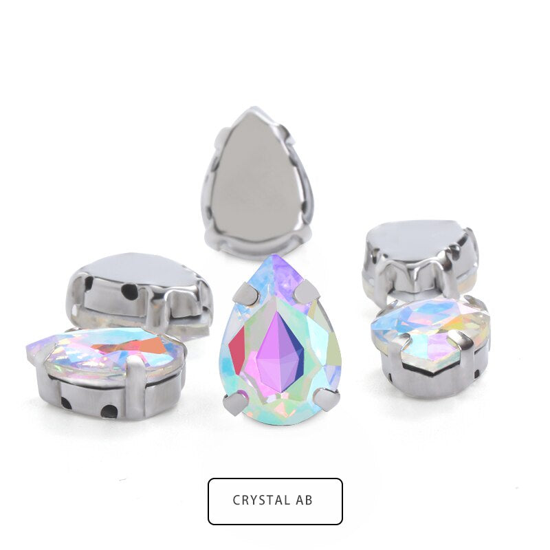 Drop Shape Glass Rhinestones With Claw White K Metal Base Buckle Sew On Crystal Stone Strass Diamond Rhinestones For Needlework