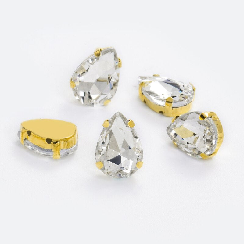 【ready stock】Yichuan Drop Rhinestone Sew-on Glass Golden Base Stones Crystal For Decoration and Crafts Clothes Sewn Rhinestones For Needlework