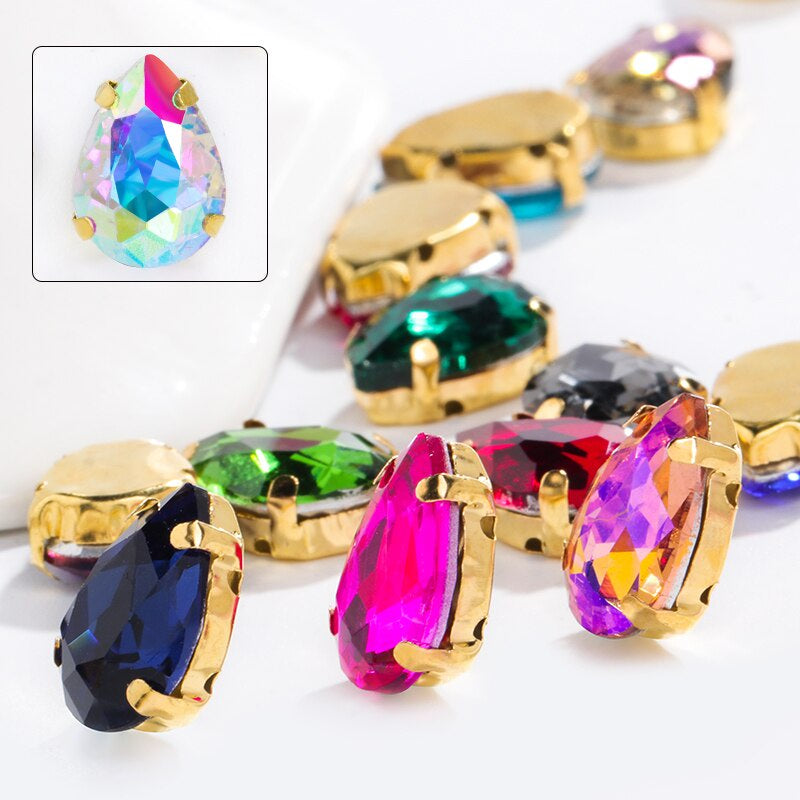 【ready stock】Yichuan Drop Rhinestone Sew-on Glass Golden Base Stones Crystal For Decoration and Crafts Clothes Sewn Rhinestones For Needlework
