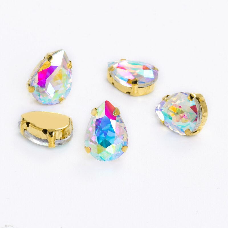 Yichuan Drop Rhinestone Sew-on Glass Golden Base Stones Crystal For Decoration and Crafts Clothes Sewn Rhinestones For Needlework