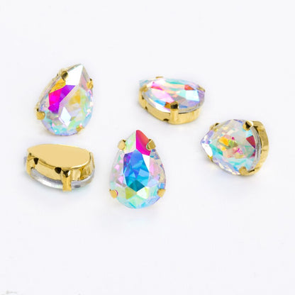 Yichuan Drop Rhinestone Sew-on Glass Golden Base Stones Crystal For Decoration and Crafts Clothes Sewn Rhinestones For Needlework