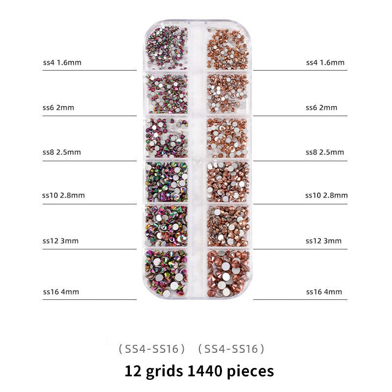 1440pcs 12 Grid Set Mixed Color Flat Nail Diamond AB Color Glass Crystal Phone Case DIY Accessories