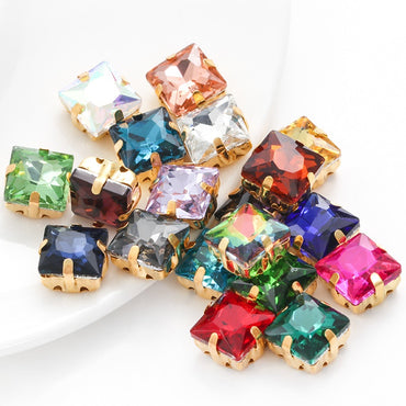8/10mm 50PCS Square Shape Glass Rhinestones with Golden Claw Sew on Crystal Stone for Clothes Decoration Dress