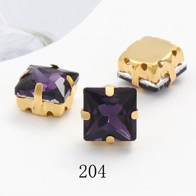 8/10mm 50PCS Square Shape Glass Rhinestones with Golden Claw Sew on Crystal Stone for Clothes Decoration Dress