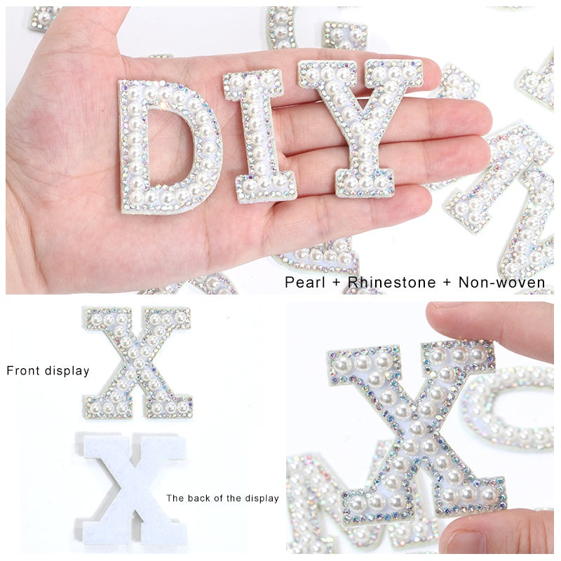 TonyBead 26 English Alphabet A-Z Pearl Letter Patches Rhinestone Patch Sewing On Patches Stripe Badge DIY Name
