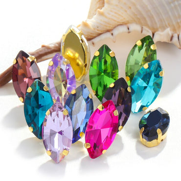 20pcs Navette Glass Rhinestones with Gold Bottom Horse Eye Claw Rhinestone Quadangle Glass Claw Hand Sewn Crystal Diy Clothing Shoes Bag Accessories 9*18mm