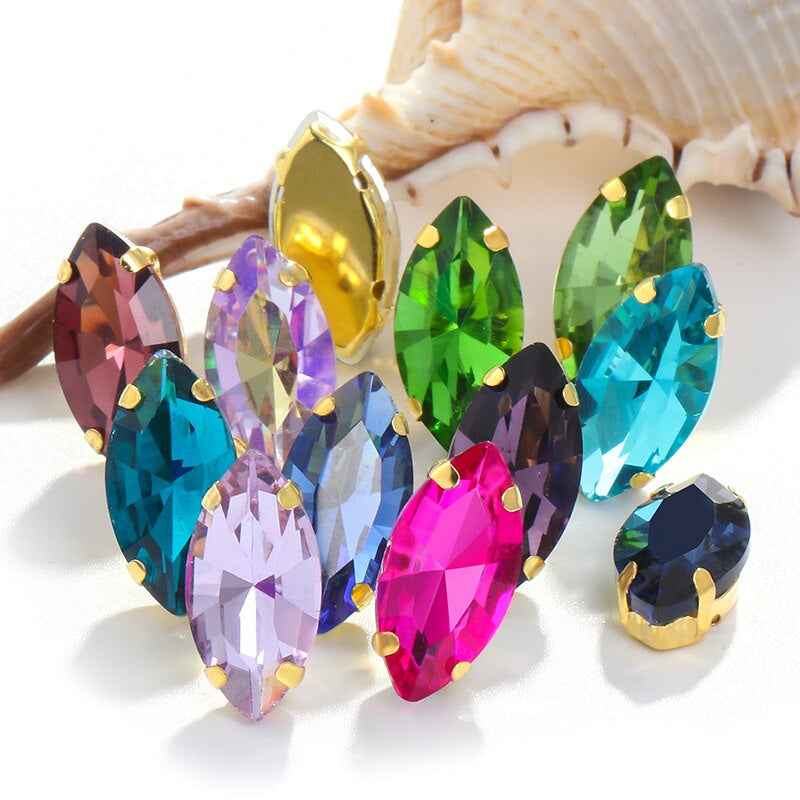 50pcs Manik Jahitan, Marquise/Leaf Shape Glass Rhinestones with Claw Stitched on Crystal Stones for Clothes Sewing Accessories 5*10mm/4*8mm