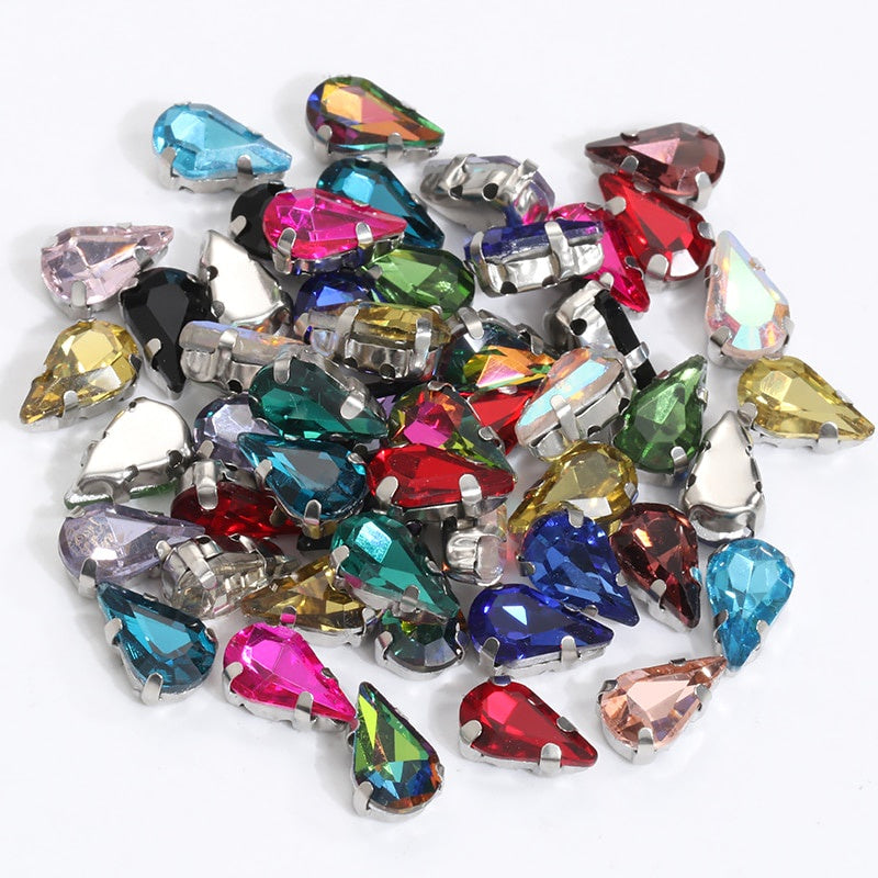 20pcs 5x8/6x10mm Drop Crystal Stone With silver bottom Rhinestone for Sewing on Clothes Sewn on Rhinestone for Needlework
