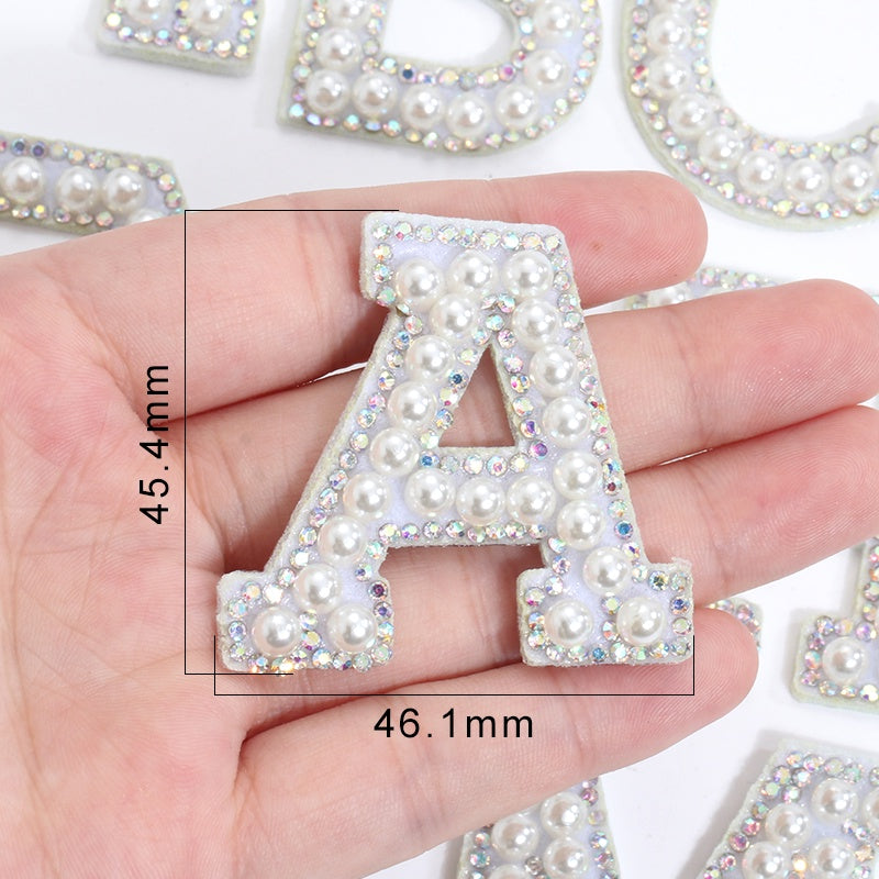 TonyBead 26 English Alphabet A-Z Pearl Letter Patches Rhinestone Patch Sewing On Patches Stripe Badge DIY Name