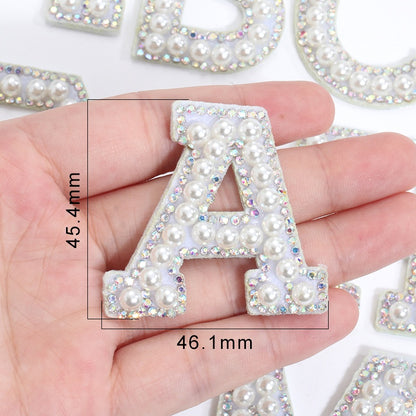 TonyBead 26 English Alphabet A-Z Pearl Letter Patches Rhinestone Patch Sewing On Patches Stripe Badge DIY Name
